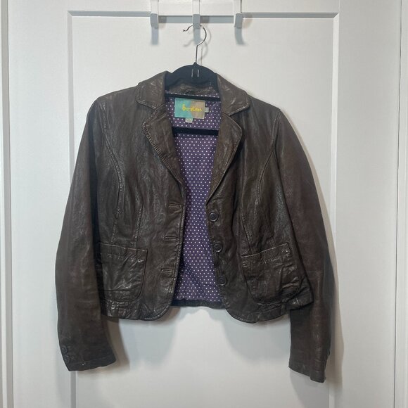 Boden Brown Leather Jacket Size 4 with Purple Polka Dot Lining - Picture 1 of 7